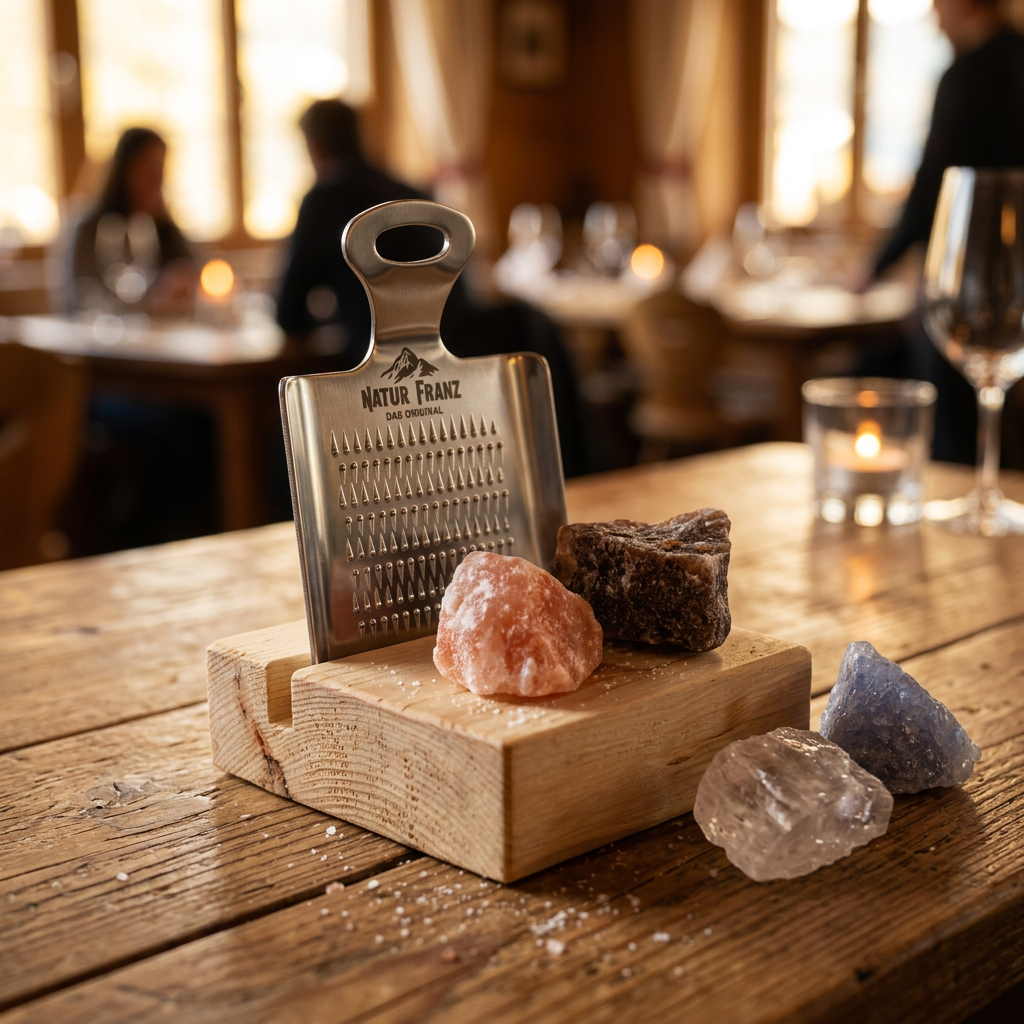 Salzreibe mit Steinen auf Holztisch