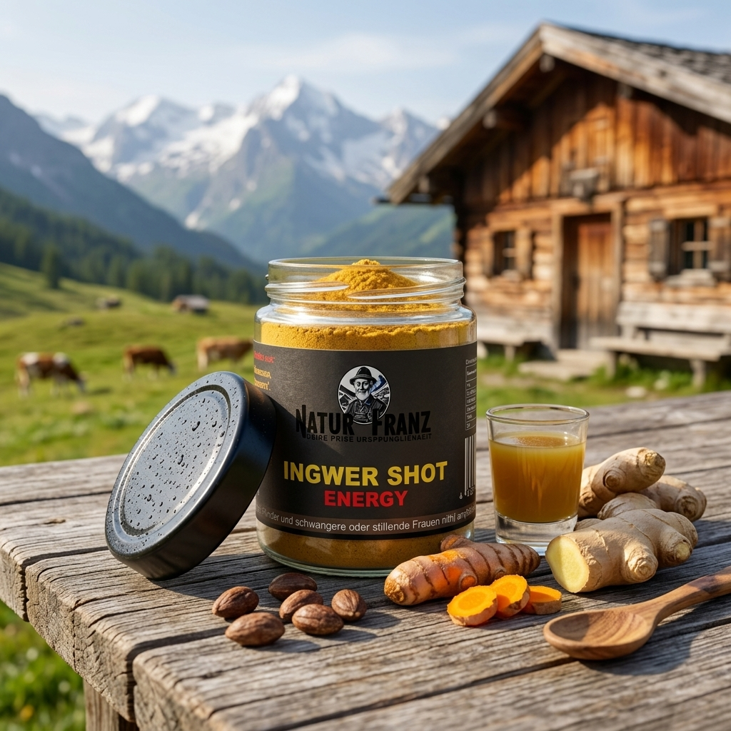 Natur Franz Ingwer Shot Energy Pulver im Glas mit Kolanuss und Kurkuma auf Holztisch
