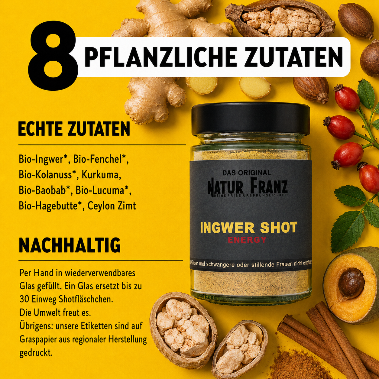 2x Ingwer Shot Energy: Natürlicher Koffein-Kick aus Bio-Ingwer & Kolanuss – ohne Zucker