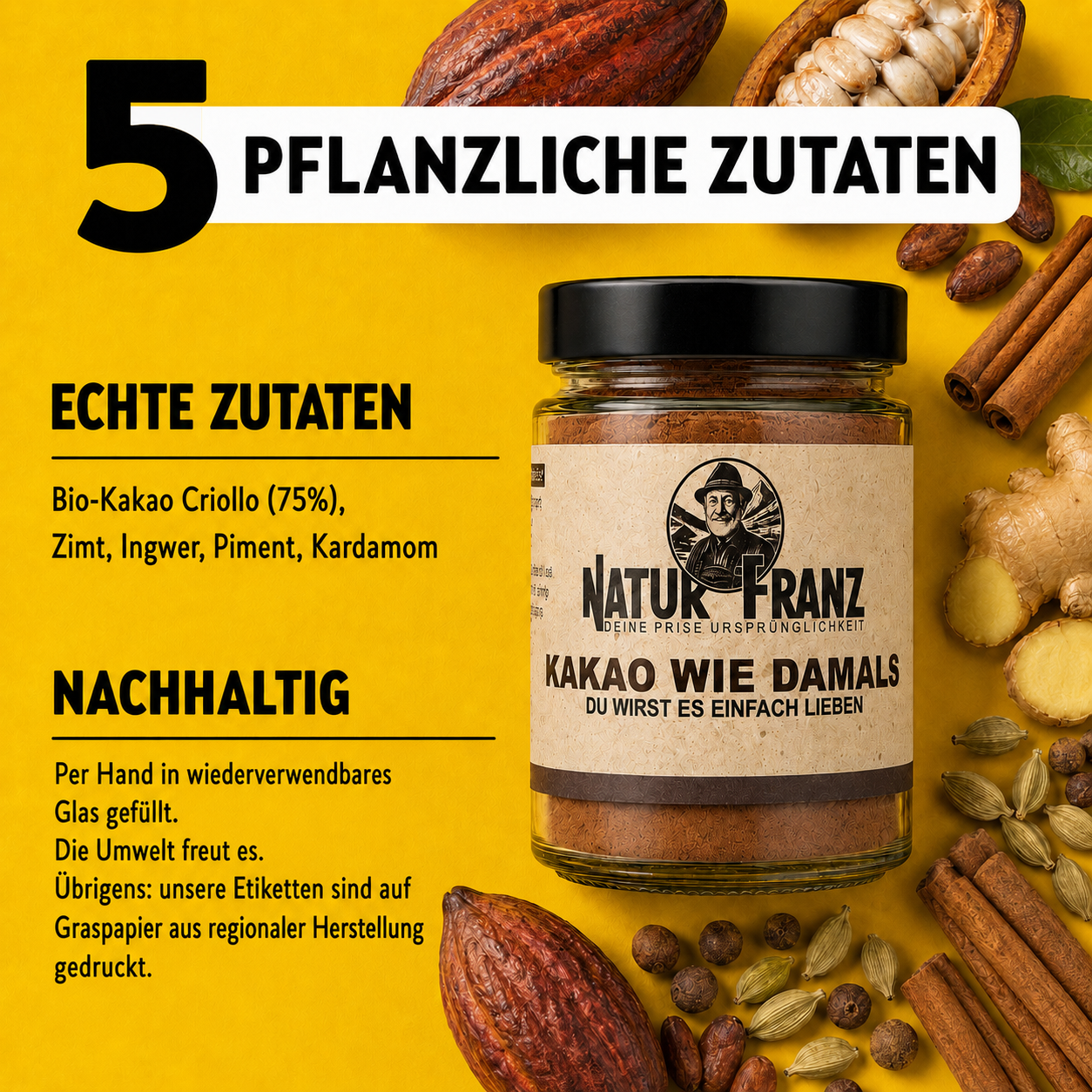 Kakao wie damals - Oma`s geheime Mischung: Bio-Criollo Kakao mit Zimt & Kardamom – ohne Zucker, vegan
