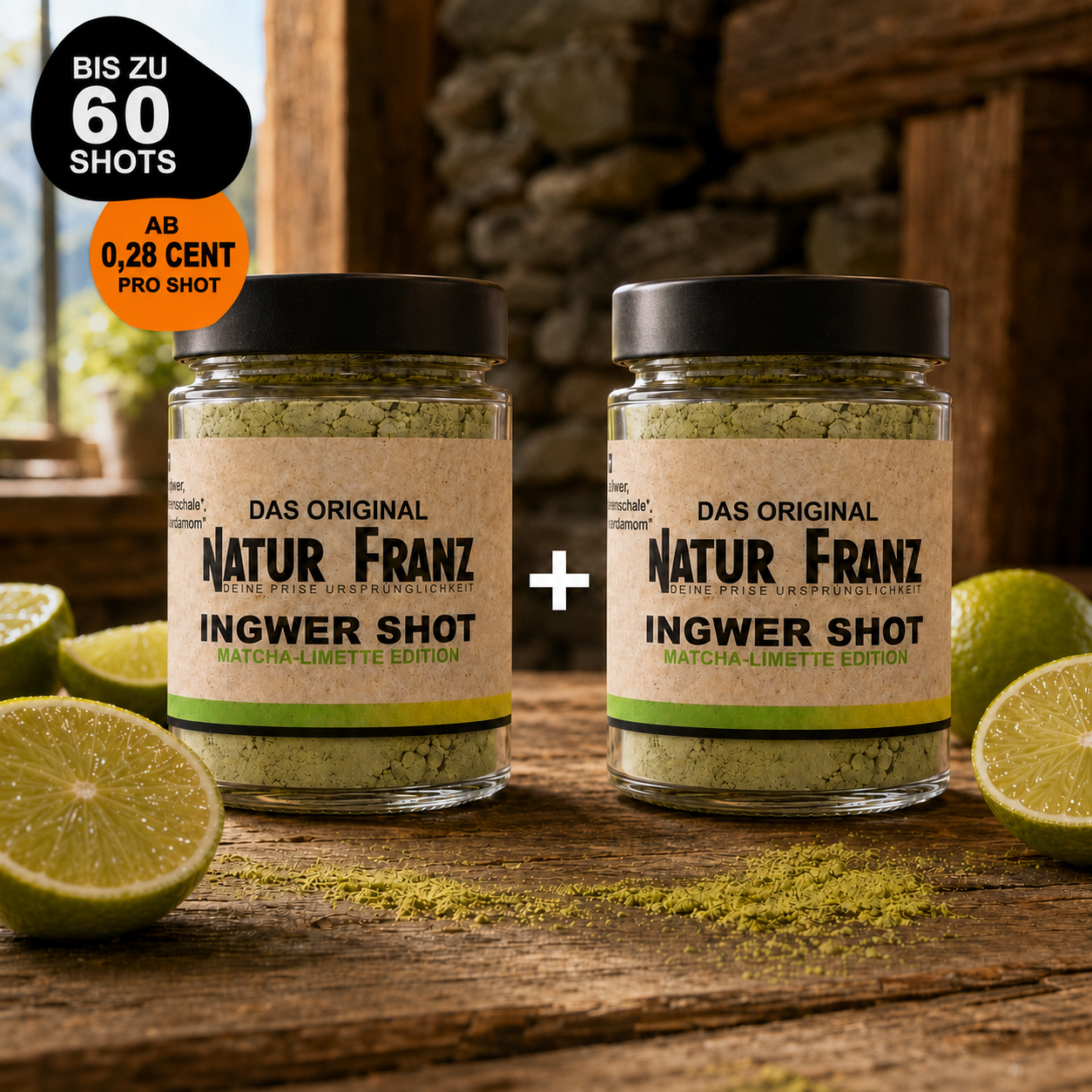 Der neue Ingwer Shot Matcha-Limette von Natur Franz. Bio-Ingwer, edler Matcha & 100% pure Limette aus Mexiko – ohne Trägerstoffe. Erfrischend, belebend, vegan.