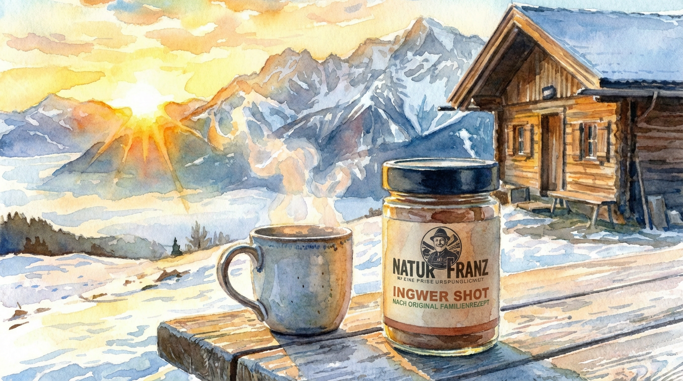Glas Ingwer Shot Sonnenaufgang Almhütte