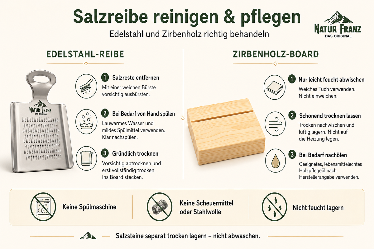 Salzreibe reinigen und pflegen: Edelstahl und Zirbenholz richtig behandeln