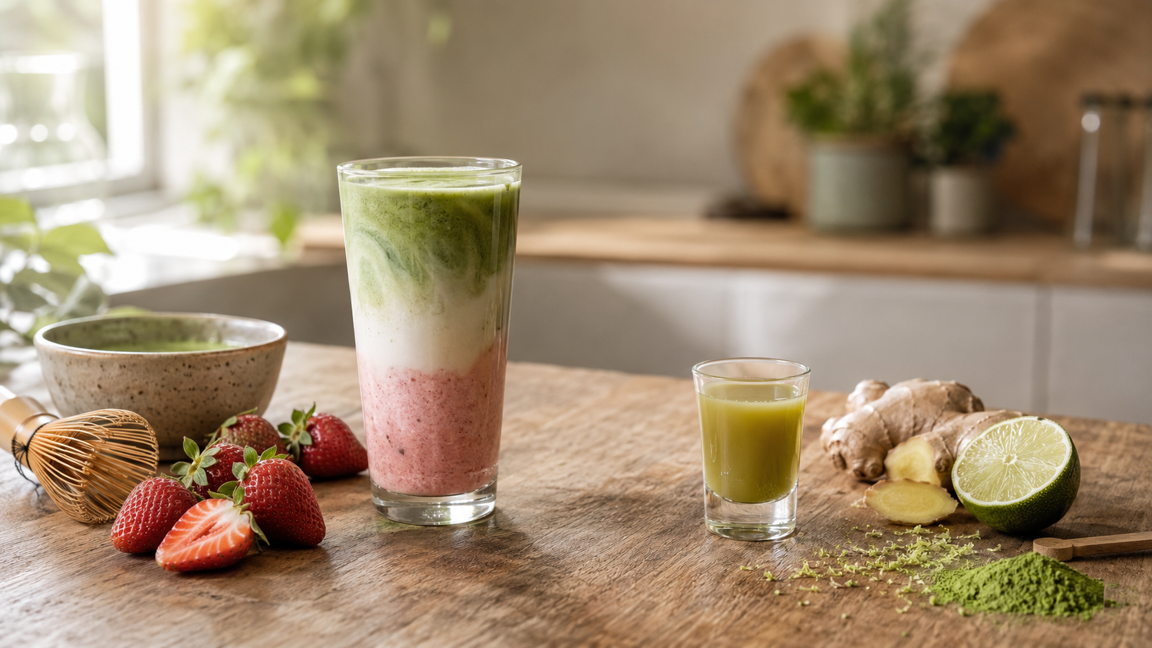 Matcha-Erdbeer-Latte vs. Ingwer Matcha-Limette Shot