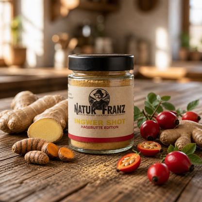 Natur Franz Ingwer Shot Hagebutte Edition – Glas mit Pulver und frischen Hagebutten auf Holztisch