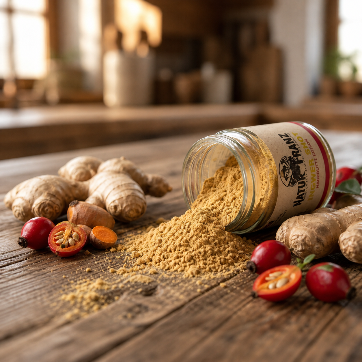 Frisch zubereiteter Ingwer Shot Hagebutte von Natur Franz – natürliches Vitamin C im Glas