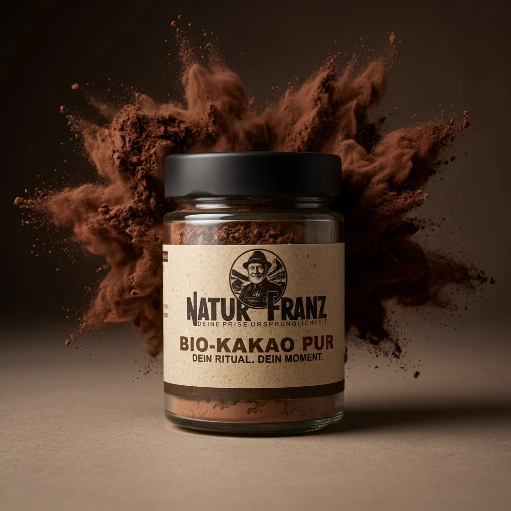 Zutaten des Kakao Pur von Natur Franz: Bio-Criollo Kakao und Bio-Lucuma ohne künstliche Zusätze