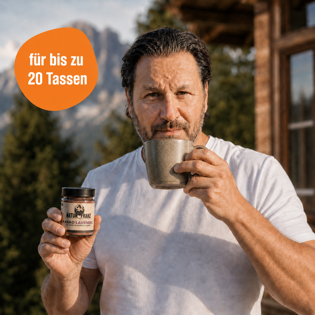 Natur Franz Kakao Ritual Lavendel Edition – Franz hält eine dampfende Tasse Bio-Criollo Kakao
