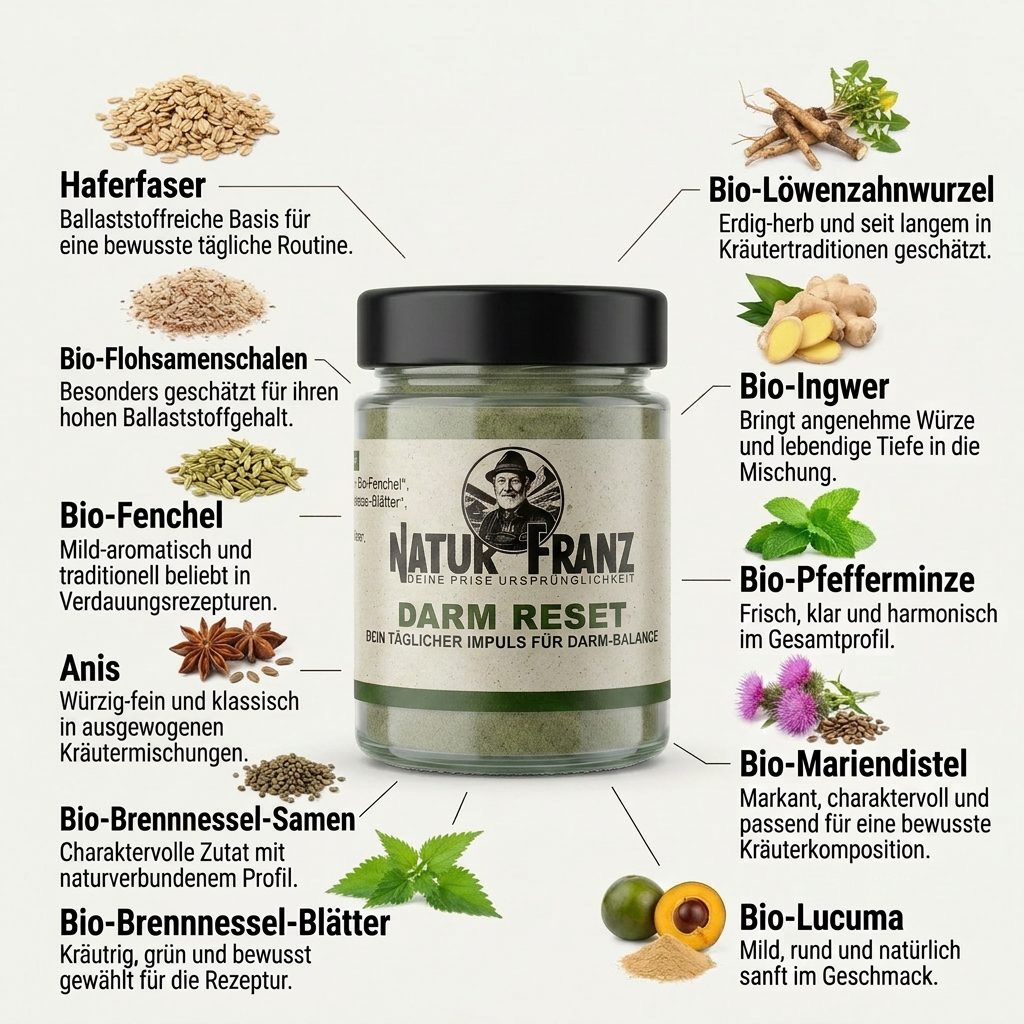 Darm Reset Pulver von Natur Franz mit Flohsamenschalen für den bewussten Start