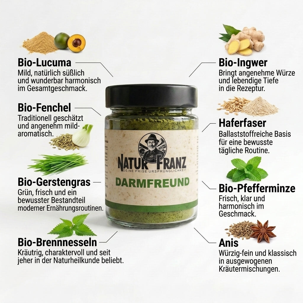 Darmfreund Pulver von Natur Franz in Nahaufnahme – Bio-Fenchel, Gerstengras und Ingwer für die Darmflora
