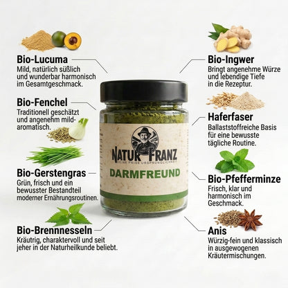 Darmfreund Pulver von Natur Franz in Nahaufnahme – Bio-Fenchel, Gerstengras und Ingwer für die Darmflora