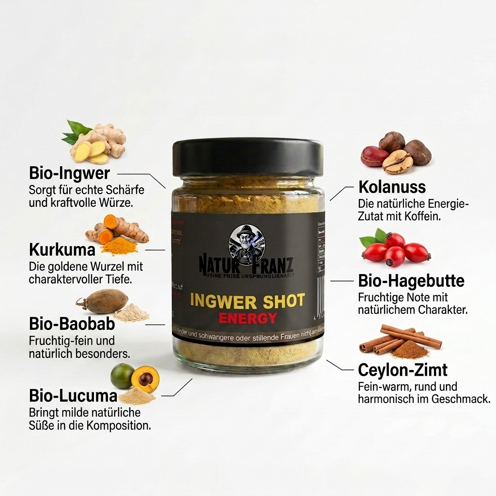 Ingwer Shot Energy von Natur Franz – natürlicher Koffein-Kick aus Bio-Ingwer und Kolanuss