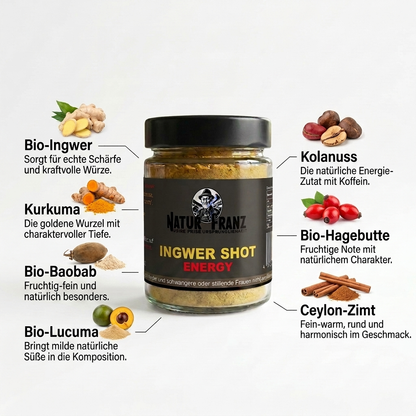 Ingwer Shot Energy von Natur Franz – natürlicher Koffein-Kick aus Bio-Ingwer und Kolanuss