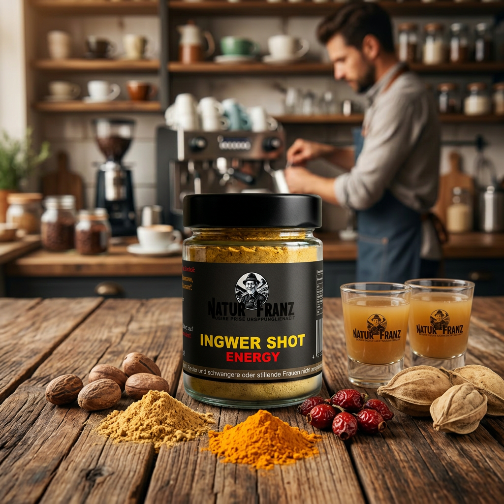 Zutaten des Ingwer Shot Energy: Bio-Ingwer, Kolanuss, Kurkuma, Hagebutte und Ceylon Zimt