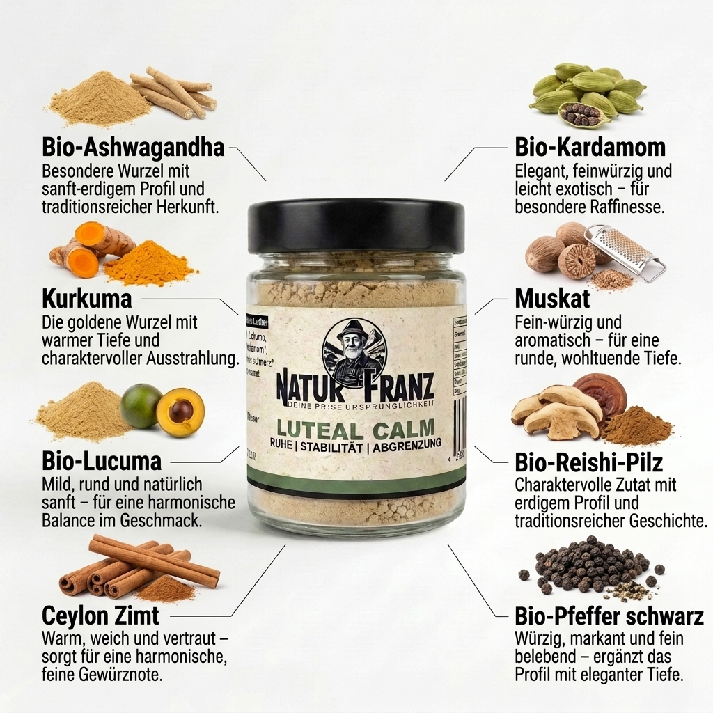Natur Franz Luteal Calm Ritual Glas – Bio-Ashwagandha, Reishi und Kurkuma für Ruhe und Erdung in der Lutealphase