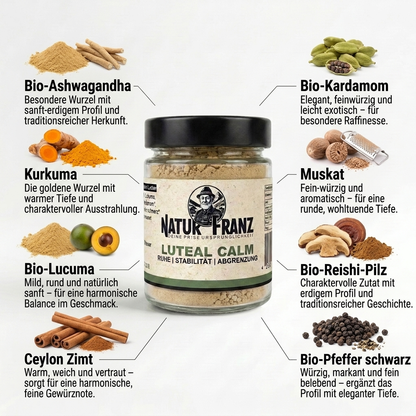 Natur Franz Luteal Calm Ritual Glas – Bio-Ashwagandha, Reishi und Kurkuma für Ruhe und Erdung in der Lutealphase