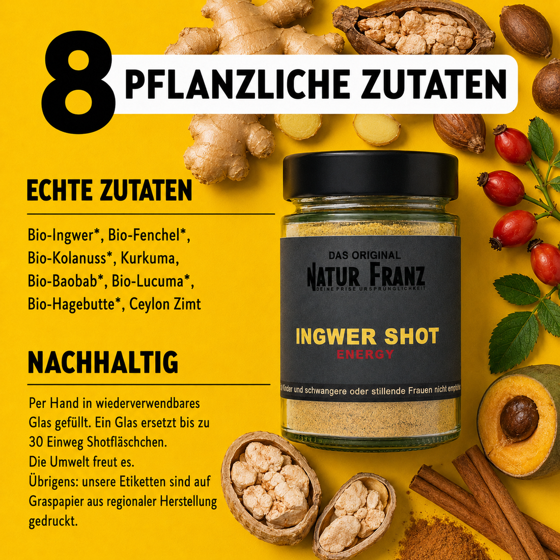 2x Ingwer Shot Energy: Natürlicher Koffein-Kick aus Bio-Ingwer &amp; Kolanuss – ohne Zucker
