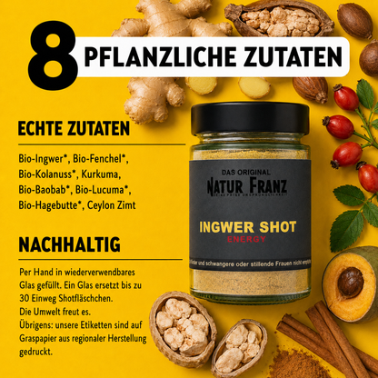 2x Ingwer Shot Energy: Natürlicher Koffein-Kick aus Bio-Ingwer &amp; Kolanuss – ohne Zucker