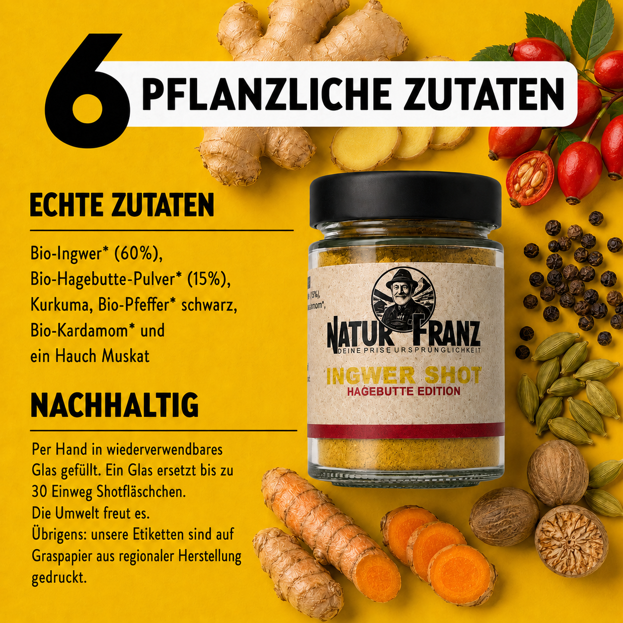 2x Ingwer Shot Hagebutte: Natürliches Vitamin C für dein Immunsystem – Bio-Ingwer aus Peru, vegan