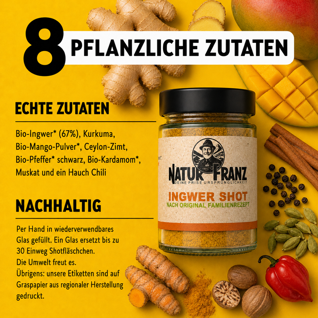 2x Ingwer Shot Pulver: Bio-Ingwer mit Mango, Kurkuma &amp; Chili – ohne Zucker, selbst zubereiten