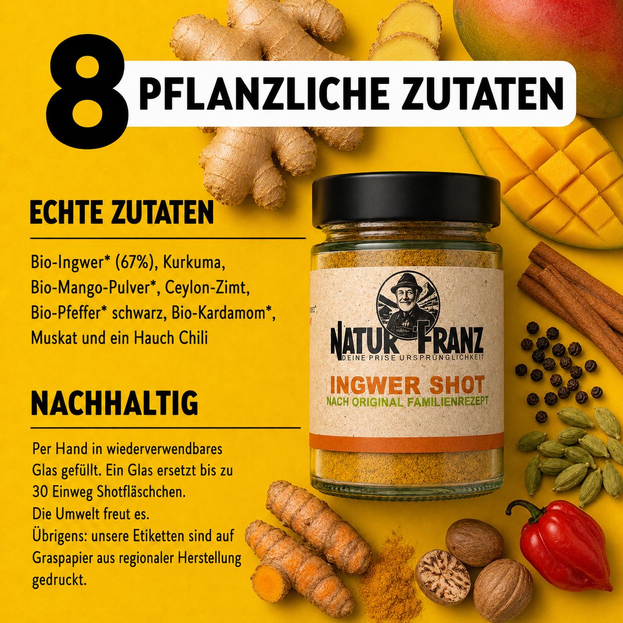 2x Ingwer Shot Pulver: Bio-Ingwer mit Mango, Kurkuma &amp; Chili – ohne Zucker, selbst zubereiten