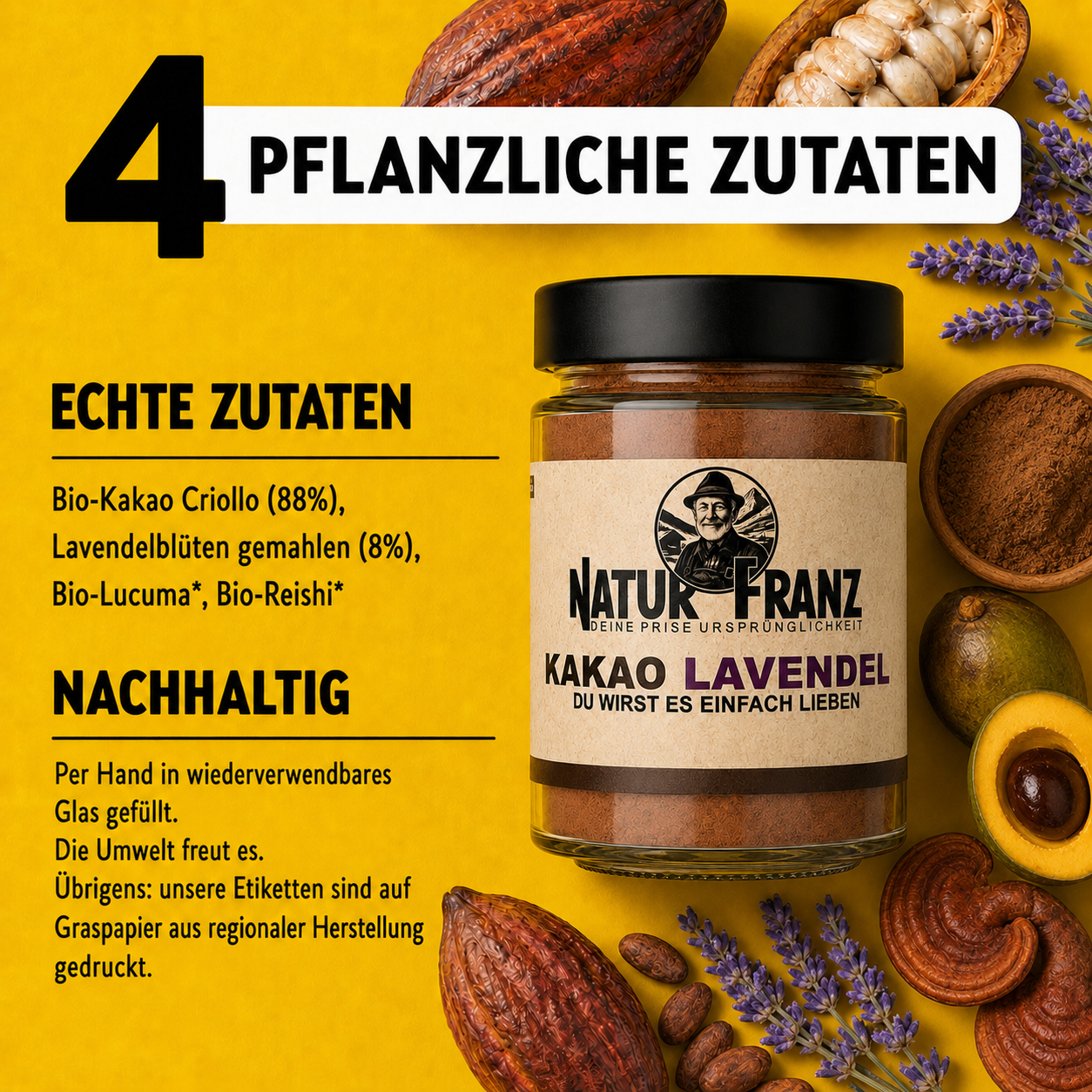 Kakao Ritual Lavendel: Bio-Criollo Kakao mit Lavendelblüten &amp; Bio-Reishi – vegan &amp; ohne Zucker