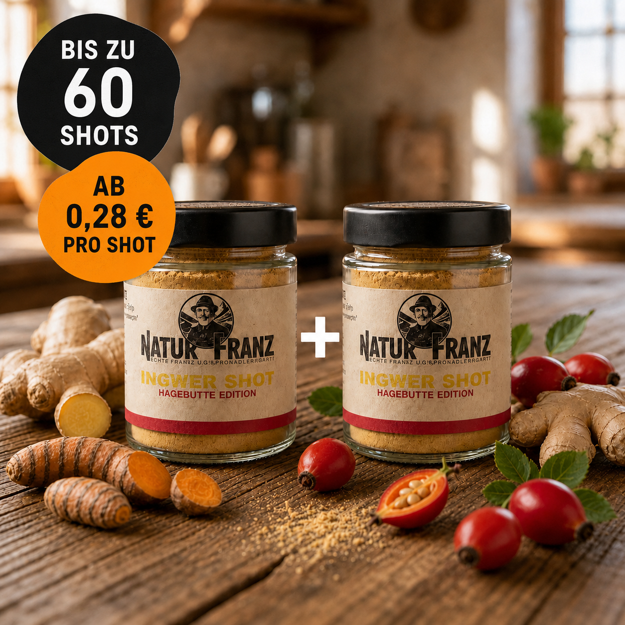2x Ingwer Shot Hagebutte: Natürliches Vitamin C für dein Immunsystem – Bio-Ingwer aus Peru, vegan