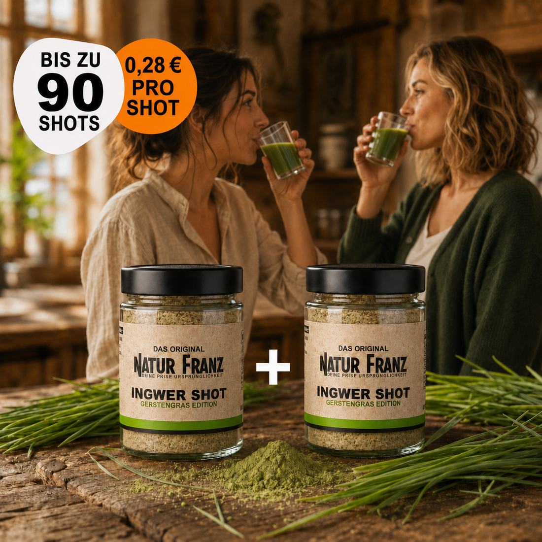 2x Ingwer Gerstengras Shot: Ballast- und Nährstoff Boost. Vegan und ohne Zuckerzusatz.