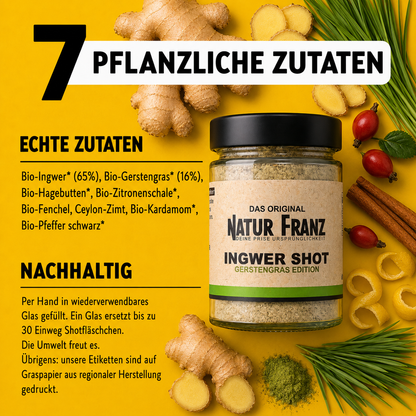 2x Ingwer Gerstengras Shot: Ballast- und Nährstoff Boost. Vegan und ohne Zuckerzusatz.