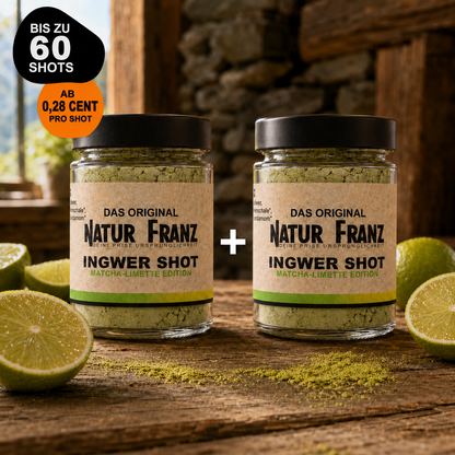 Der neue Ingwer Shot Matcha-Limette von Natur Franz. Bio-Ingwer, edler Matcha &amp; 100% pure Limette aus Mexiko – ohne Trägerstoffe. Erfrischend, belebend, vegan.