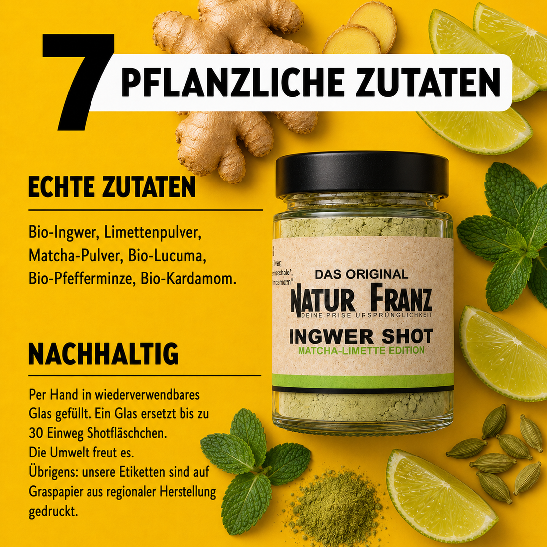 2x Ingwer Shot Matcha-Limette: Bio-Ingwer, edler Matcha &amp; 100% pure Limette aus Mexiko – ohne Trägerstoffe. Erfrischend, belebend, vegan.