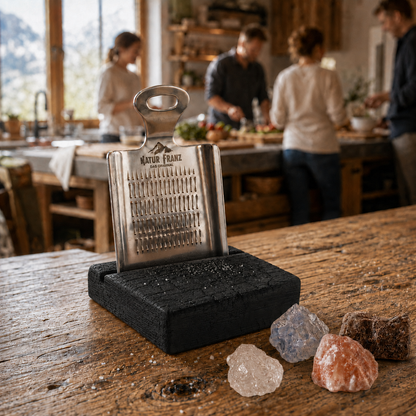 Die Reiberei mit traditionellem Shou Sugi Ban-Holzboard + 4 Salzsteine