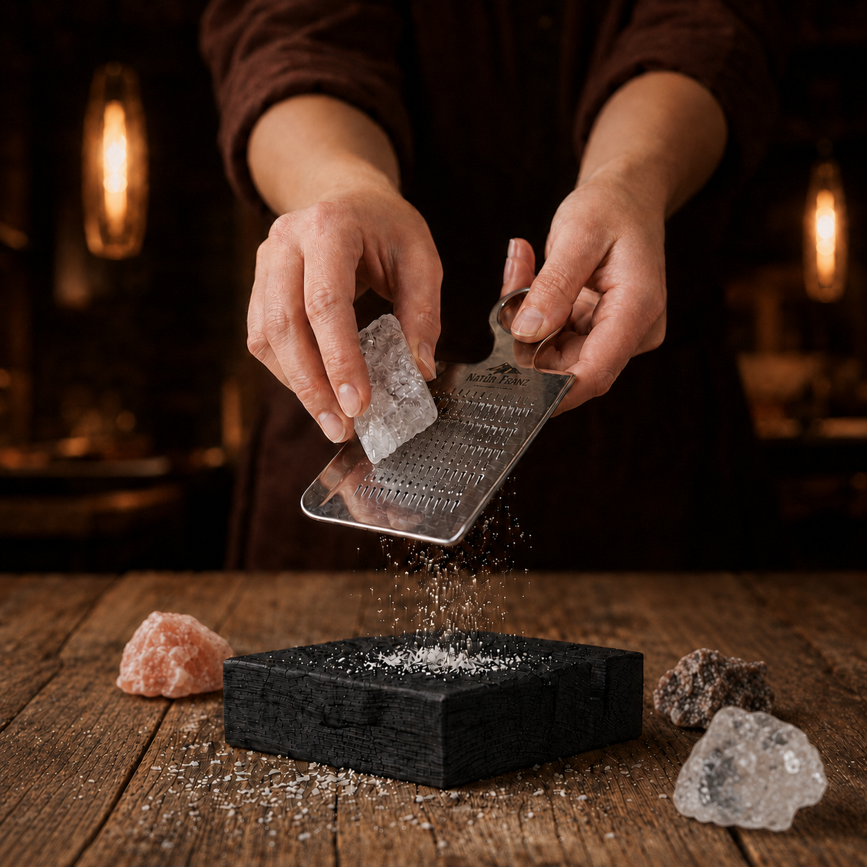 Die Reiberei mit traditionellem Shou Sugi Ban-Holzboard + 4 Salzsteine