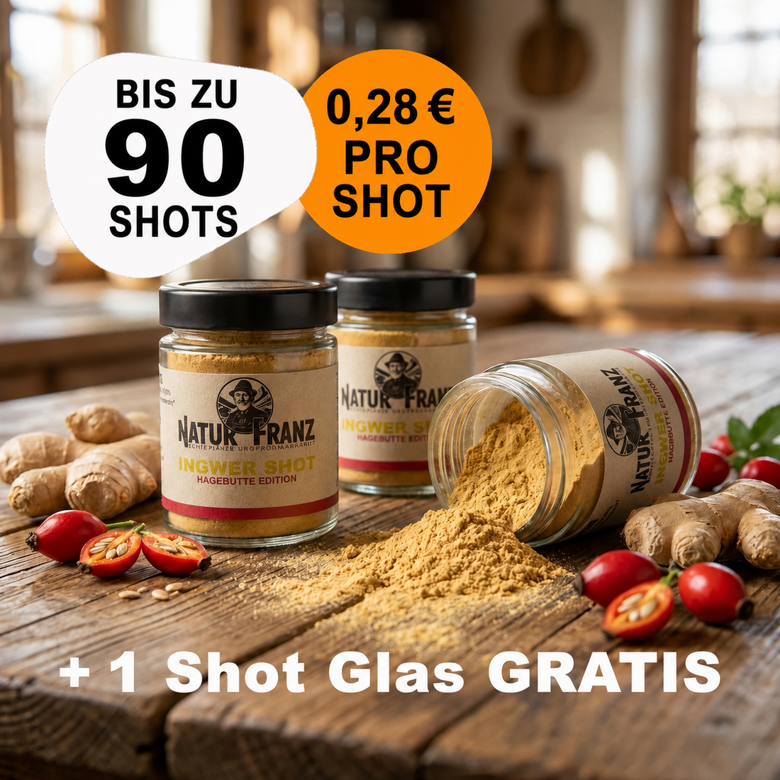 3er Bundle Ingwer Shot Hagebutte + 1 Shot Glas GRATIS – natürliches Vitamin C für dein Immunritual